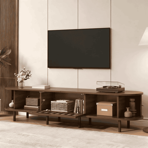 Móvel de TV ovalado 180x40x40 cm - rattan, porta enrolável, MDF - nogueira Móvel de TV ovalado 180x40x40 cm - rattan, porta enrolável, MDF - nogueira