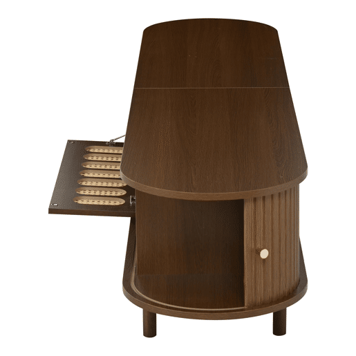 Móvel de TV ovalado 180x40x40 cm - rattan, porta enrolável, MDF - nogueira Móvel de TV ovalado 180x40x40 cm - rattan, porta enrolável, MDF - nogueira