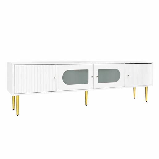 Móvel de TV 170 cm - Corpo branco com pés e puxadores dourados, 2 portas com ranhuras verticais e 2 com vidro curvo - Branco