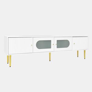 Móvel de TV 170 cm - Corpo branco com pés e puxadores dourados, 2 portas com ranhuras verticais e 2 com vidro curvo - Branco