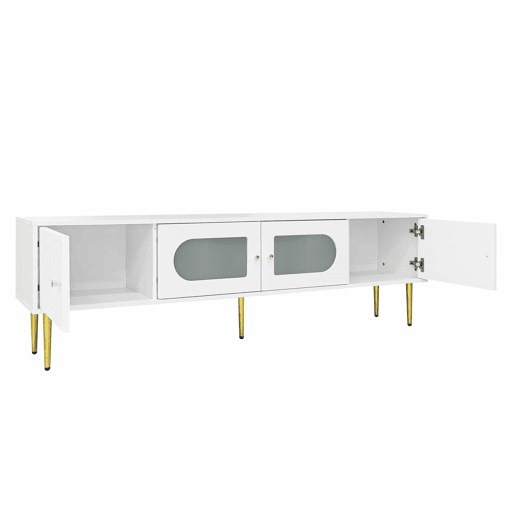 Móvel de TV 170 cm - Corpo branco com pés e puxadores dourados, 2 portas com ranhuras verticais e 2 com vidro curvo - Branco