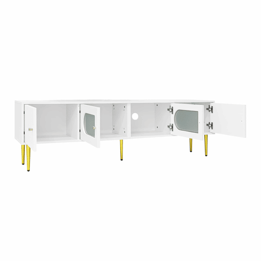 Móvel de TV 170 cm - Corpo branco com pés e puxadores dourados, 2 portas com ranhuras verticais e 2 com vidro curvo - Branco