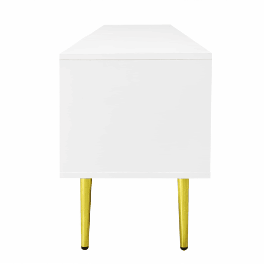 Móvel de TV 170 cm - Corpo branco com pés e puxadores dourados, 2 portas com ranhuras verticais e 2 com vidro curvo - Branco