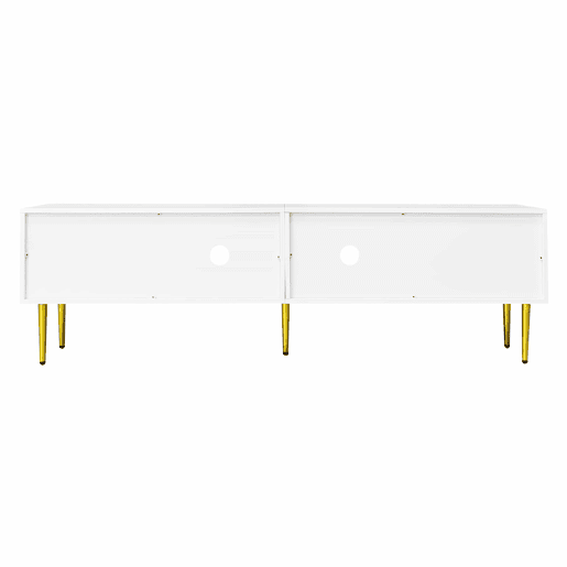 Móvel de TV 170 cm - Corpo branco com pés e puxadores dourados, 2 portas com ranhuras verticais e 2 com vidro curvo - Branco