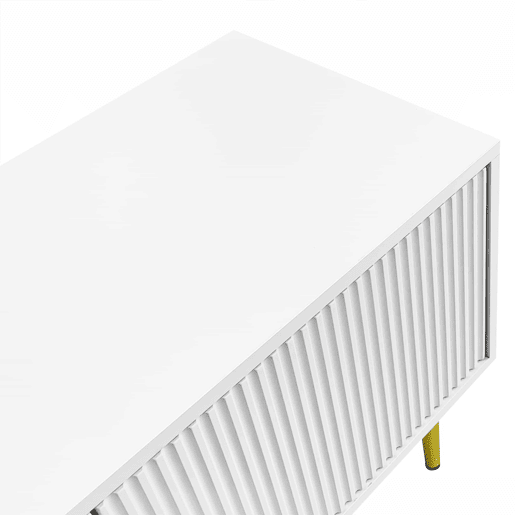 Móvel de TV 170 cm - Corpo branco com pés e puxadores dourados, 2 portas com ranhuras verticais e 2 com vidro curvo - Branco