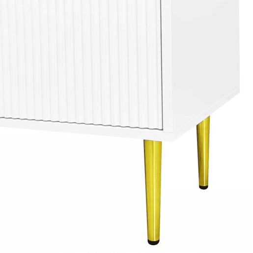 Móvel de TV 170 cm - Corpo branco com pés e puxadores dourados, 2 portas com ranhuras verticais e 2 com vidro curvo - Branco
