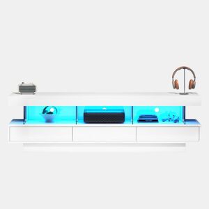 Móvel para TV 160x38x50,5 cm - Com 3 prateleiras de vidro, iluminação LED, controlo por aplicação, ligação Bluetooth, para TV de 70 polegadas - Branco