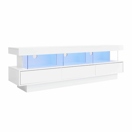 Móvel para TV 160x38x50,5 cm - Com 3 prateleiras de vidro, iluminação LED, controlo por aplicação, ligação Bluetooth, para TV de 70 polegadas - Branco