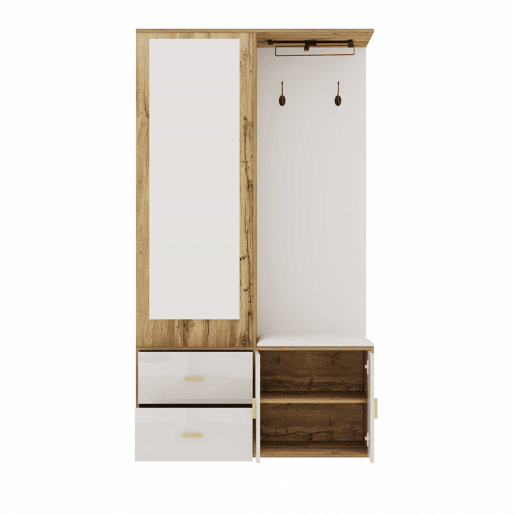 Conjunto de armário - 100x38x180 cm - com espelho, sapateira, banco com ganchos e barra extensível - Branco+Natural