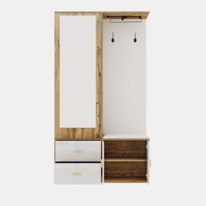 Conjunto de armário - 100x38x180 cm - com espelho, sapateira, banco com ganchos e barra extensível - Branco+Natural