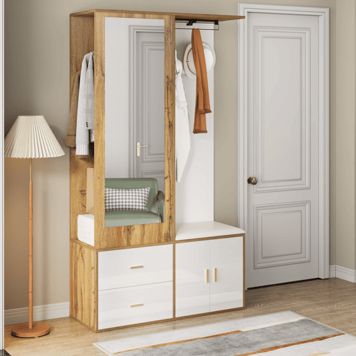 Conjunto de armário - 100x38x180 cm - com espelho, sapateira, banco com ganchos e barra extensível - Branco+Natural