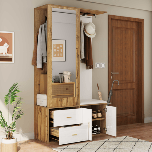 Conjunto de armário - 100x38x180 cm - com espelho, sapateira, banco com ganchos e barra extensível - Branco+Natural