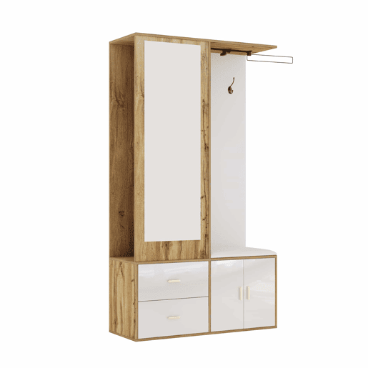 Conjunto de armário - 100x38x180 cm - com espelho, sapateira, banco com ganchos e barra extensível - Branco+Natural