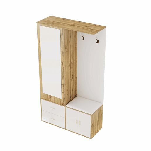 Conjunto de armário - 100x38x180 cm - com espelho, sapateira, banco com ganchos e barra extensível - Branco+Natural