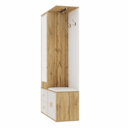 Conjunto de armário - 100x38x180 cm - com espelho, sapateira, banco com ganchos e barra extensível - Branco+Natural