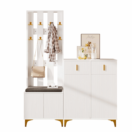 Conjunto de roupeiro com ganchos, sapateira e cacifo - Branco Conjunto de roupeiro com ganchos, sapateira e cacifo - Branco