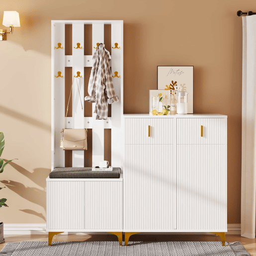 Conjunto de roupeiro com ganchos, sapateira e cacifo - Branco Conjunto de roupeiro com ganchos, sapateira e cacifo - Branco