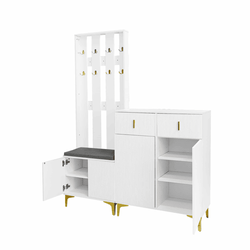 Conjunto de roupeiro com ganchos, sapateira e cacifo - Branco Conjunto de roupeiro com ganchos, sapateira e cacifo - Branco