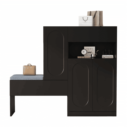 Sapateira 130x35x110 cm - 2 em 1, portas curvas, com sistema Soft-Close, prateleiras ajustáveis e banco acolchoado - Preto