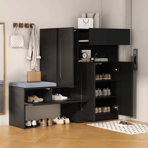 Sapateira 130x35x110 cm - 2 em 1, portas curvas, com sistema Soft-Close, prateleiras ajustáveis e banco acolchoado - Preto