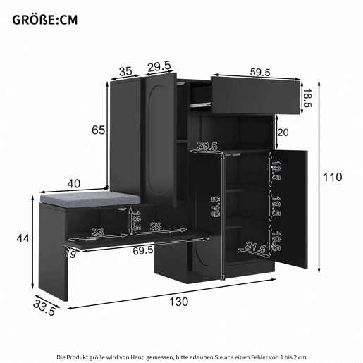 Sapateira 130x35x110 cm - 2 em 1, portas curvas, com sistema Soft-Close, prateleiras ajustáveis e banco acolchoado - Preto
