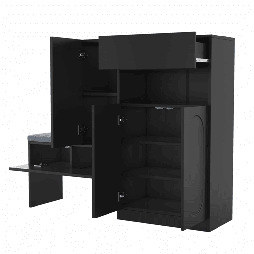 Sapateira 130x35x110 cm - 2 em 1, portas curvas, com sistema Soft-Close, prateleiras ajustáveis e banco acolchoado - Preto