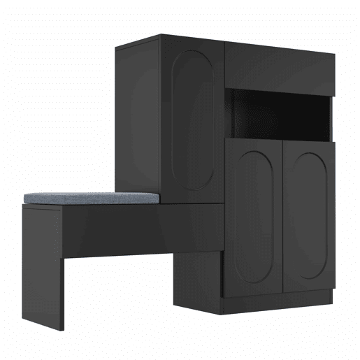Sapateira 130x35x110 cm - 2 em 1, portas curvas, com sistema Soft-Close, prateleiras ajustáveis e banco acolchoado - Preto