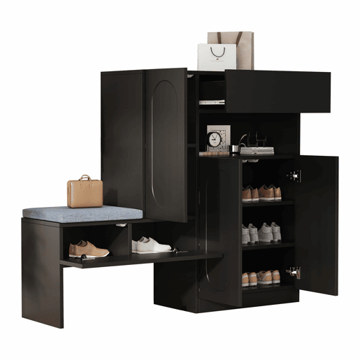 Sapateira 130x35x110 cm - 2 em 1, portas curvas, com sistema Soft-Close, prateleiras ajustáveis e banco acolchoado - Preto
