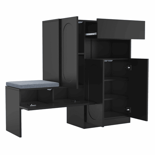 Sapateira 130x35x110 cm - 2 em 1, portas curvas, com sistema Soft-Close, prateleiras ajustáveis e banco acolchoado - Preto