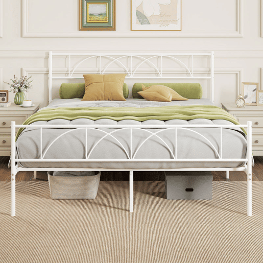 HOMCOM Cama de Casal 161,5x208x98 cm Estrutura de Ripas com Cabeceira de Ripas de Aço e Espaço de Arrumação por Baixo da Cama Carga 330 kg Branca