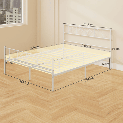 HOMCOM Cama de Casal 161,5x208x98 cm Estrutura de Ripas com Cabeceira de Ripas de Aço e Espaço de Arrumação por Baixo da Cama Carga 330 kg Branca