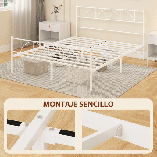 HOMCOM Cama de Casal 161,5x208x98 cm Estrutura de Ripas com Cabeceira de Ripas de Aço e Espaço de Arrumação por Baixo da Cama Carga 330 kg Branca