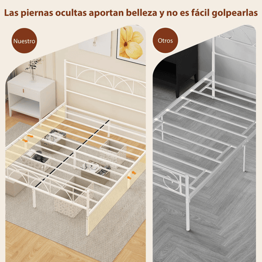 HOMCOM Cama de Casal 161,5x208x98 cm Estrutura de Ripas com Cabeceira de Ripas de Aço e Espaço de Arrumação por Baixo da Cama Carga 330 kg Branca