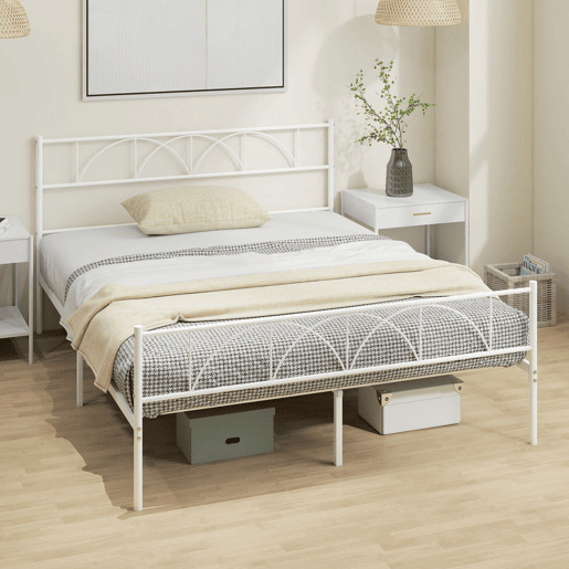 HOMCOM Cama de Casal 161,5x208x98 cm Estrutura de Ripas com Cabeceira de Ripas de Aço e Espaço de Arrumação por Baixo da Cama Carga 330 kg Branca