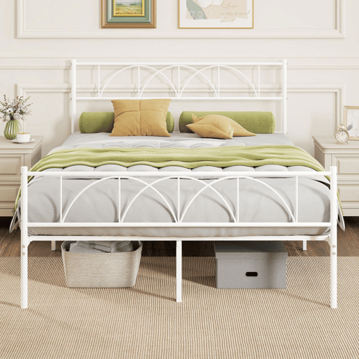 HOMCOM Cama de Casal 141,5x198x98 cm Estrutura de Ripas com Cabeceira de Ripas de Aço e Espaço de Arrumação por Baixo da Cama Carga 330 kg Branca