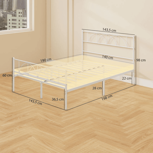 HOMCOM Cama de Casal 141,5x198x98 cm Estrutura de Ripas com Cabeceira de Ripas de Aço e Espaço de Arrumação por Baixo da Cama Carga 330 kg Branca
