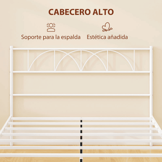 HOMCOM Cama de Casal 141,5x198x98 cm Estrutura de Ripas com Cabeceira de Ripas de Aço e Espaço de Arrumação por Baixo da Cama Carga 330 kg Branca