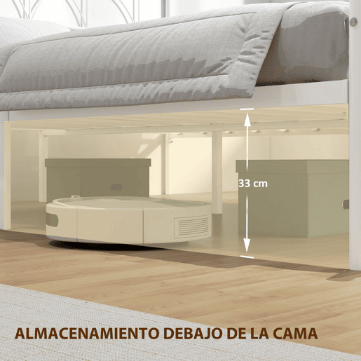 HOMCOM Cama de Casal 141,5x198x98 cm Estrutura de Ripas com Cabeceira de Ripas de Aço e Espaço de Arrumação por Baixo da Cama Carga 330 kg Branca