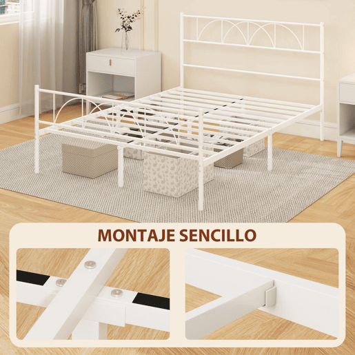 HOMCOM Cama de Casal 141,5x198x98 cm Estrutura de Ripas com Cabeceira de Ripas de Aço e Espaço de Arrumação por Baixo da Cama Carga 330 kg Branca