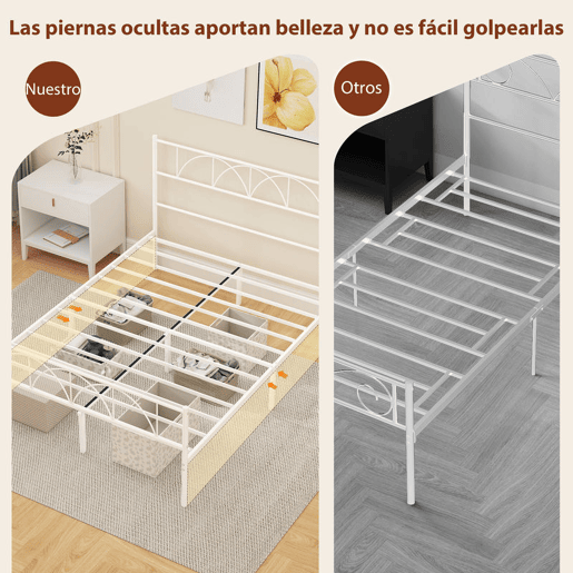HOMCOM Cama de Casal 141,5x198x98 cm Estrutura de Ripas com Cabeceira de Ripas de Aço e Espaço de Arrumação por Baixo da Cama Carga 330 kg Branca