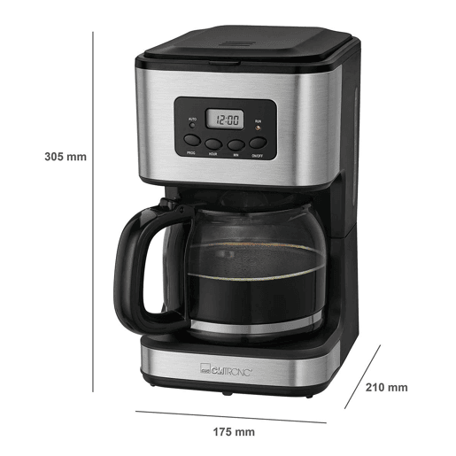 Clatronic KA 3642 Máquina de Café Filtro 12 - 14 Chávenas 1,5 L, Prato de Aquecimento, Programável, 900, Prata negra