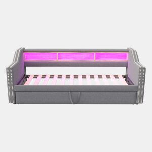 Sofá-cama 90180x190cm em linho - com LED e USB - com estrado - Cinzento claro