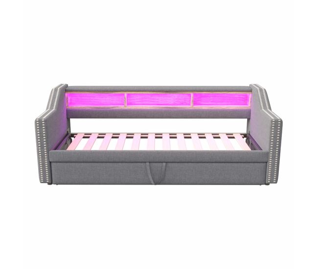 Sofá cama extraíble 90/180x190cm de lino - con led y usb - con somier - gris claro