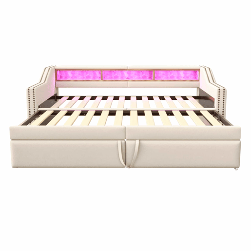 Sofá-cama extensível 90180 x 200 cm - Multifuncional com arrumação, luz LED e porta USB, com estrado, bege
