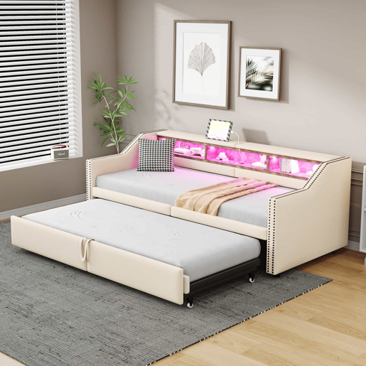 Sofá-cama extensível 90180 x 200 cm - Multifuncional com arrumação, luz LED e porta USB, com estrado, bege