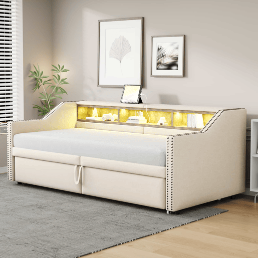 Sofá-cama extensível 90180 x 200 cm - Multifuncional com arrumação, luz LED e porta USB, com estrado, bege