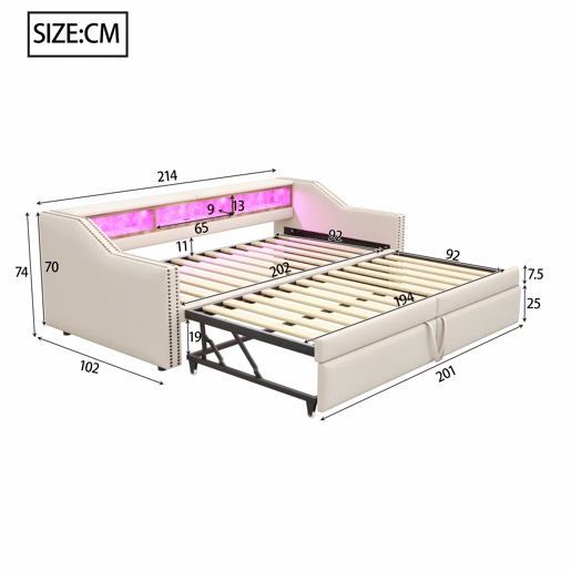 Sofá-cama extensível 90180 x 200 cm - Multifuncional com arrumação, luz LED e porta USB, com estrado, bege