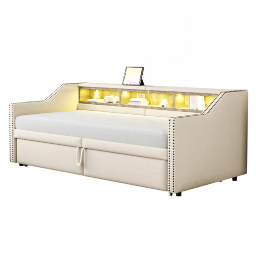 Sofá-cama extensível 90180 x 200 cm - Multifuncional com arrumação, luz LED e porta USB, com estrado, bege
