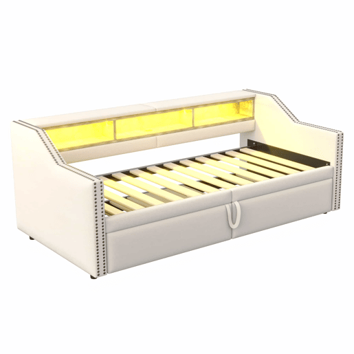 Sofá-cama extensível 90180 x 200 cm - Multifuncional com arrumação, luz LED e porta USB, com estrado, bege