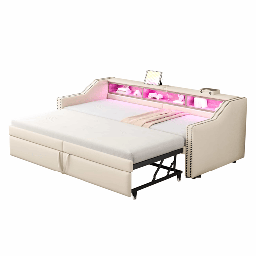 Sofá-cama extensível 90180 x 200 cm - Multifuncional com arrumação, luz LED e porta USB, com estrado, bege